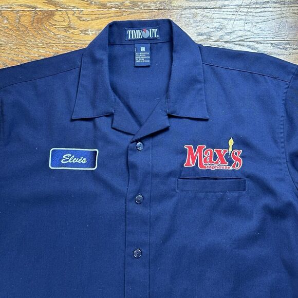 Vintage Time Out Employee Shirt Men’s Large Max’s Tap House Beer “Elvis” Blue‎ - Picture 2 of 7